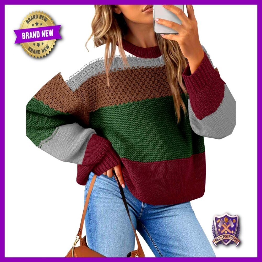 Oversized Cropped Pullover Sweater Y2K Striped Color Block Casual Chic